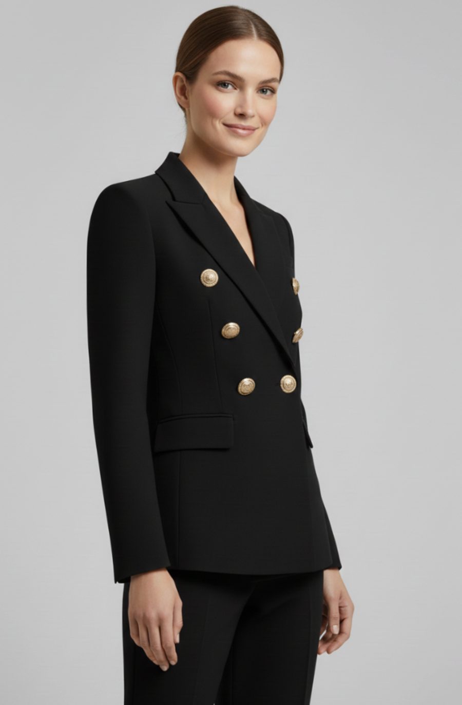 Dames Getailleerde Dubbelrijige Blazer met Goudkleurige Knopen