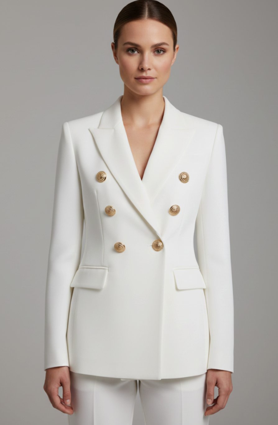Dames Getailleerde Dubbelrijige Blazer met Goudkleurige Knopen - Wit