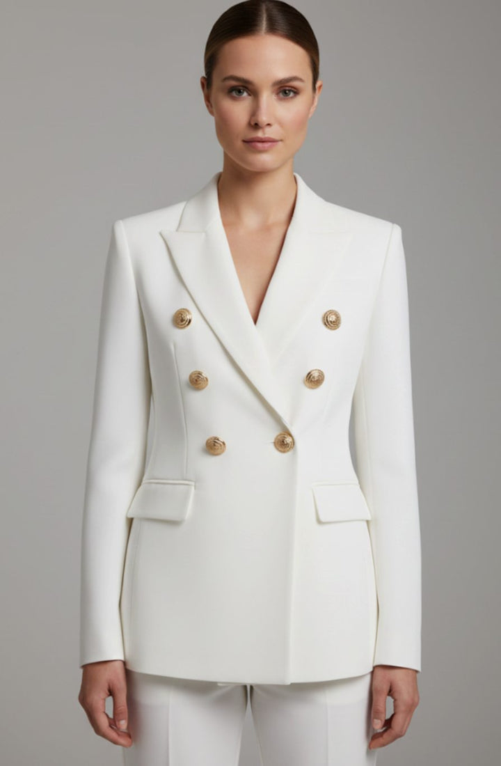 Dames Getailleerde Dubbelrijige Blazer met Goudkleurige Knopen - Wit