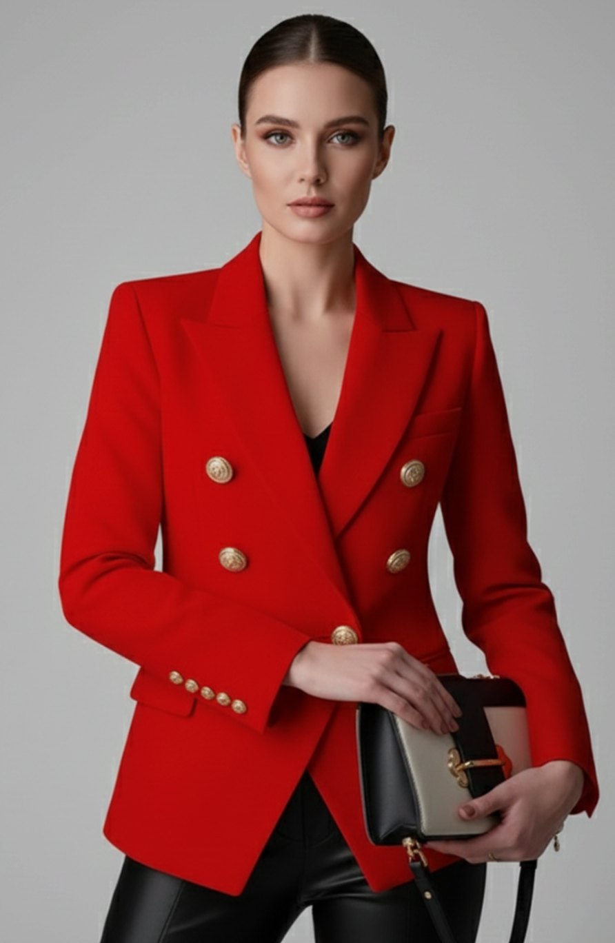 Dames Getailleerde Dubbelrijige Blazer met Goudkleurige Knopen - Rood