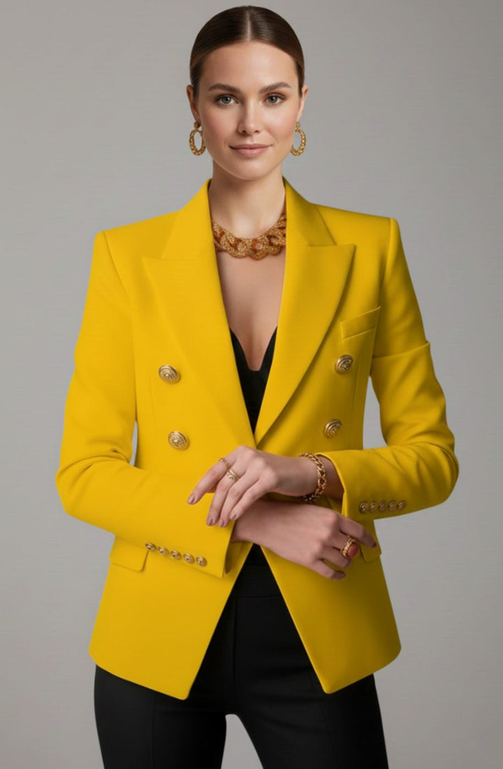 Dames Getailleerde Dubbelrijige Blazer met Goudkleurige Knopen - Geel