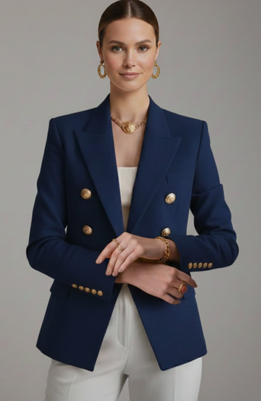 Dames Getailleerde Dubbelrijige Blazer met Goudkleurige Knopen - Zwart