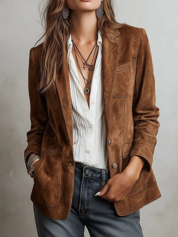 Dames Getailleerde Faux-Suède Cardigan Blazer Knoopsluiting