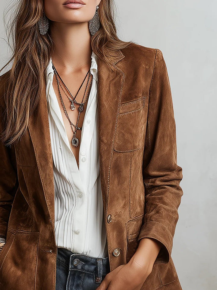 Dames Getailleerde Faux-Suède Cardigan Blazer Knoopsluiting - Brown