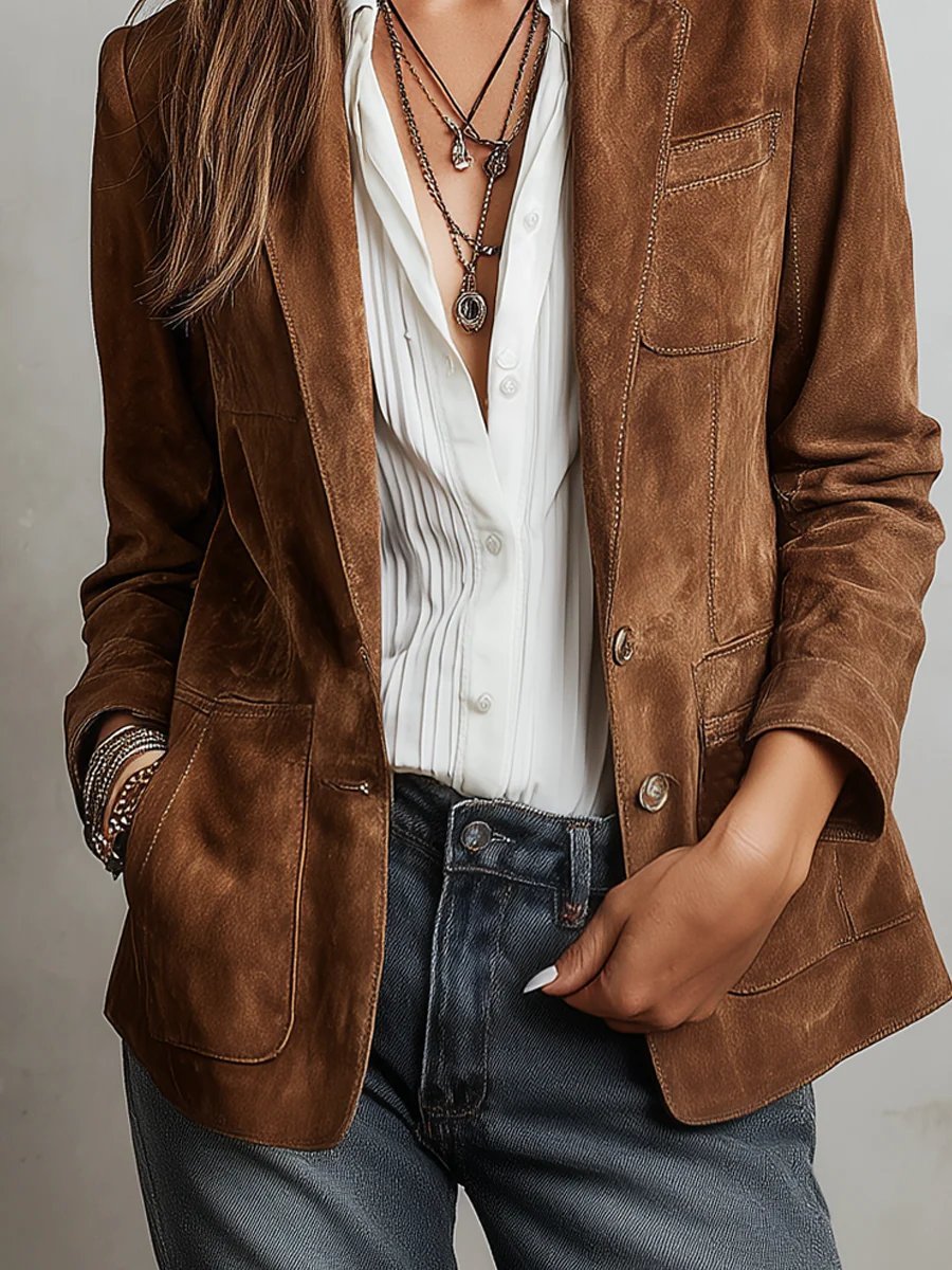 Dames Getailleerde Faux-Suède Cardigan Blazer Knoopsluiting