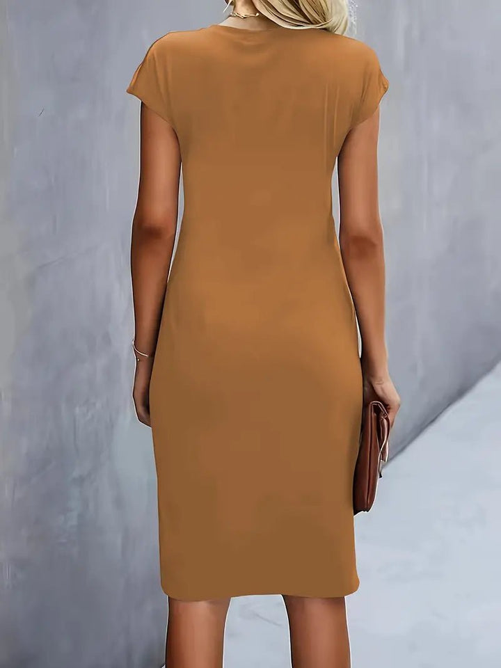 Dames Getailleerde Geruched Midi-jurk Korte Mouw Bodycon
