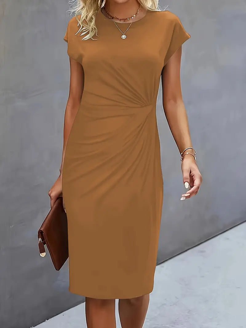 Dames Getailleerde Geruched Midi-jurk Korte Mouw Bodycon - Khaki
