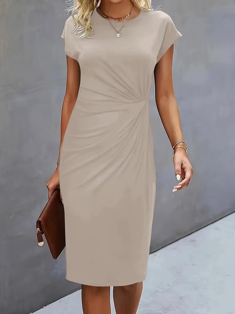 Dames Getailleerde Geruched Midi-jurk Korte Mouw Bodycon - Beige