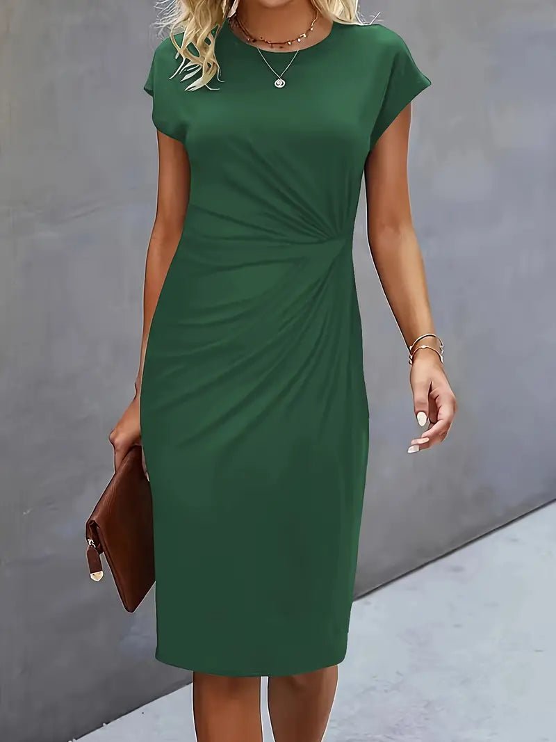 Dames Getailleerde Geruched Midi-jurk Korte Mouw Bodycon - Dark Green