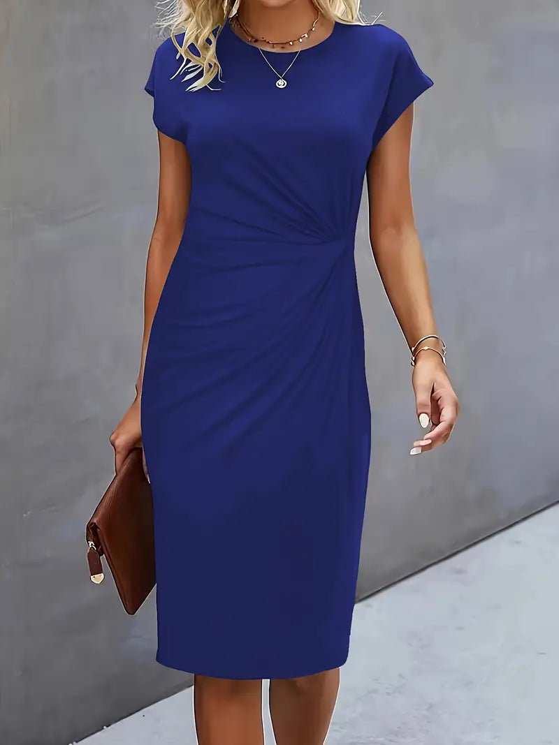 Dames Getailleerde Geruched Midi-jurk Korte Mouw Bodycon - Navy Blue