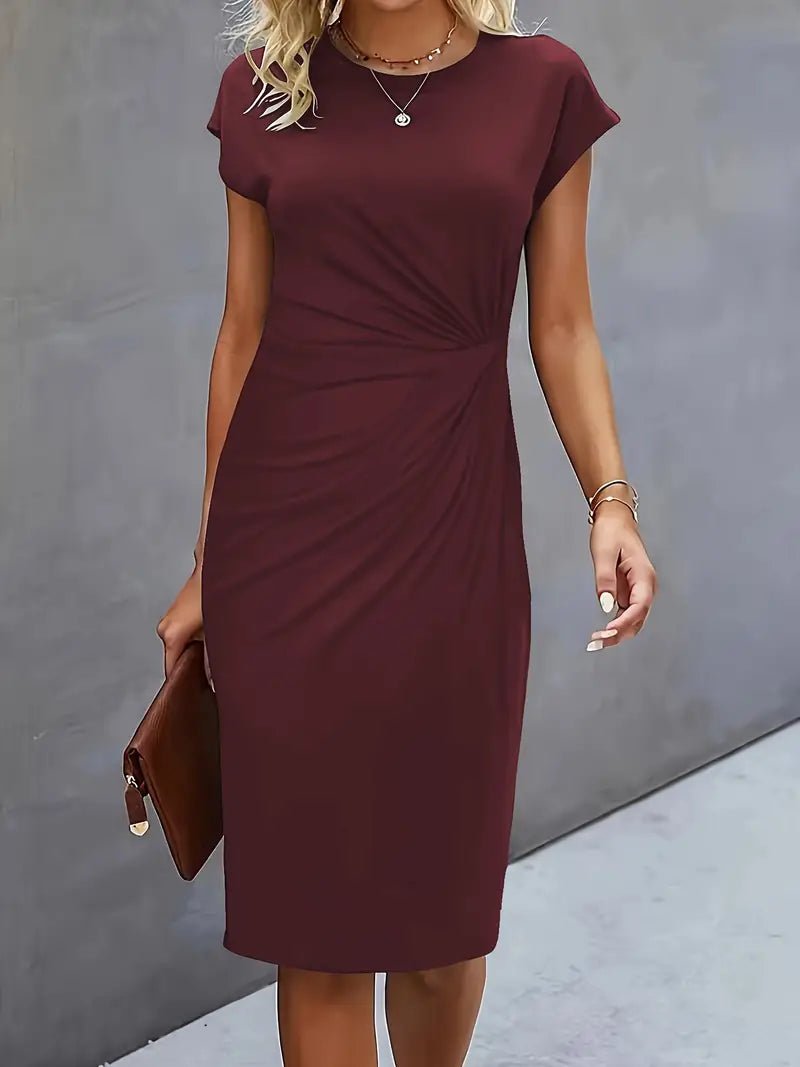 Dames Getailleerde Geruched Midi-jurk Korte Mouw Bodycon - Wine Red