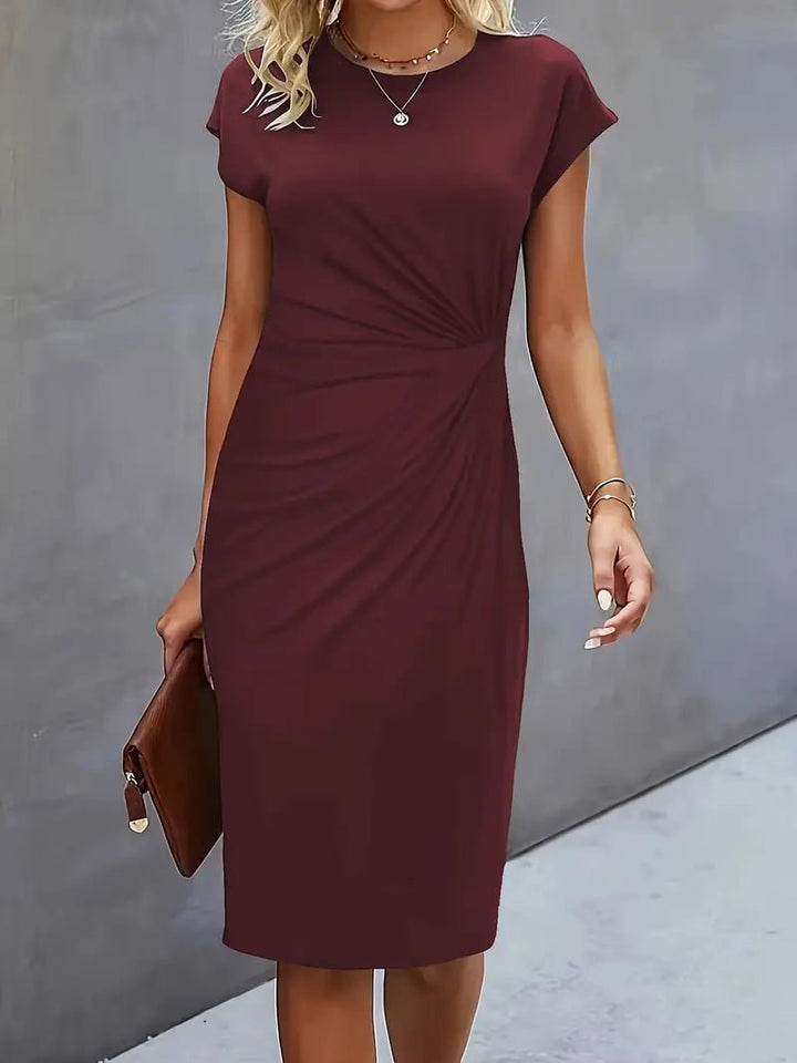 Dames Getailleerde Geruched Midi-jurk Korte Mouw Bodycon - Wine Red