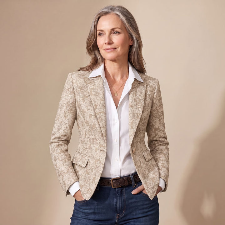 Dames Getailleerde Jacquard Blazer met Bloemenpatroon - Crème