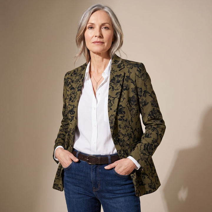 Dames Getailleerde Jacquard Blazer met Bloemenpatroon - Groen