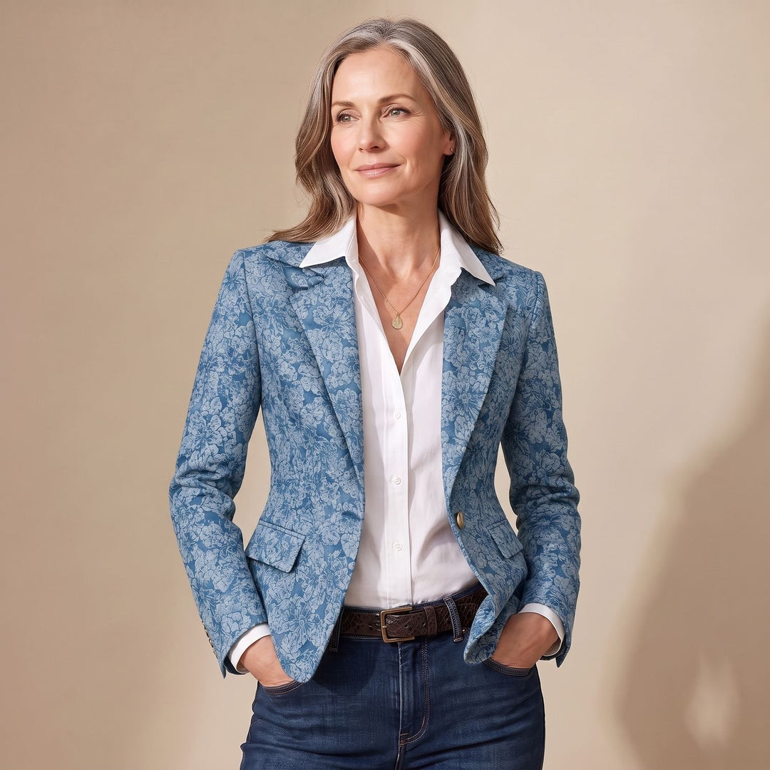 Dames Getailleerde Jacquard Blazer met Bloemenpatroon - Lichtblauw
