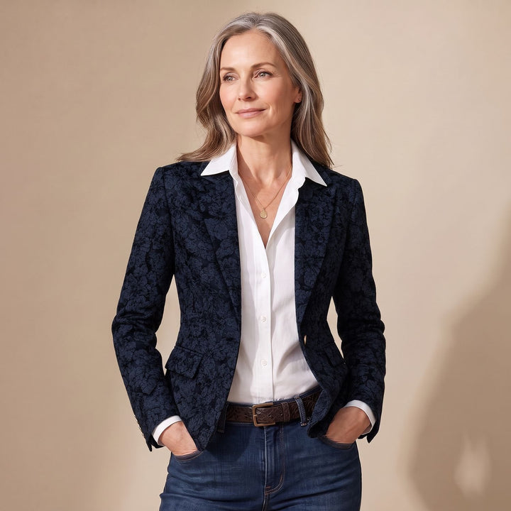 Dames Getailleerde Jacquard Blazer met Bloemenpatroon - Blauw