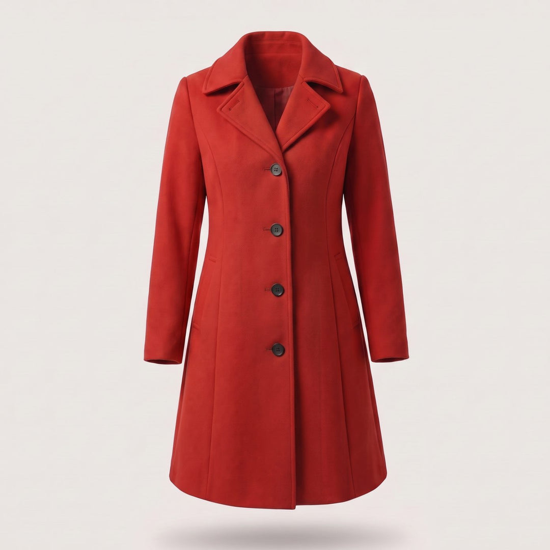Dames Getailleerde Klassieke Wollen Jas met Knoopsluiting - Rood