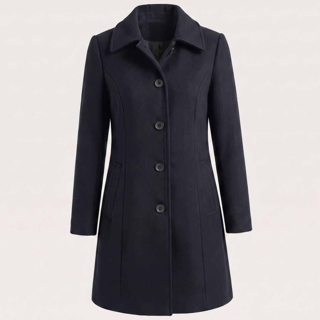 Dames Getailleerde Klassieke Wollen Jas met Knoopsluiting - Donkerblauw