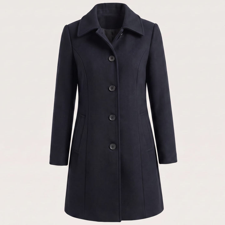 Dames Getailleerde Klassieke Wollen Jas met Knoopsluiting - Donkerblauw