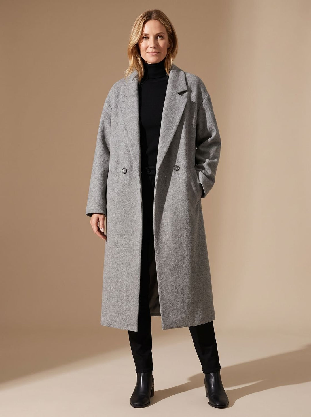 Dames Getailleerde Lange Overcoat Dubbele Knopen - Grijs