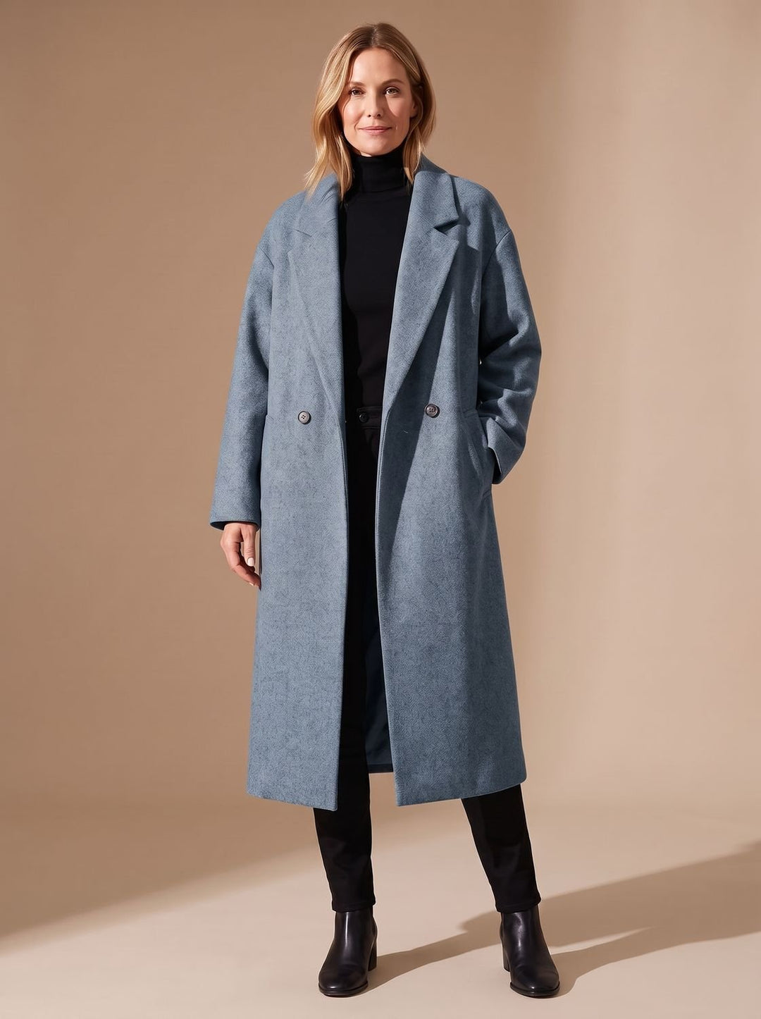 Dames Getailleerde Lange Overcoat Dubbele Knopen - Blauw
