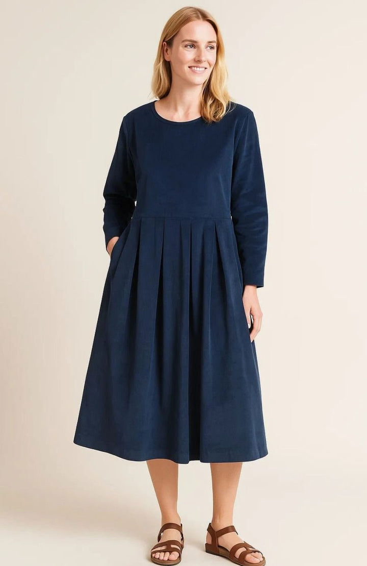 Dames Getailleerde Midi Jurk Lange Mouwen Ronde Hals - Blauw