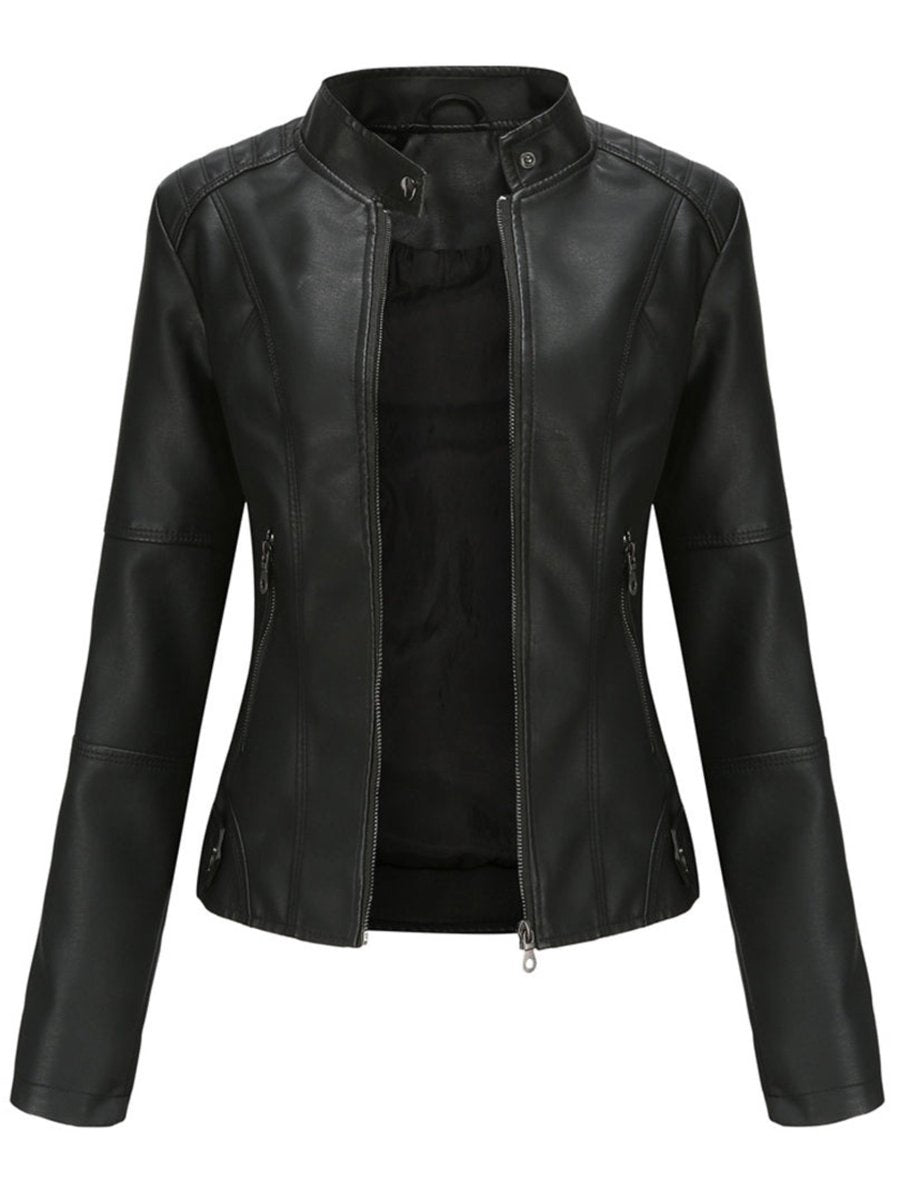 Dames Getailleerde Rits Faux-Leather Jacket Motorstijl - Zwart