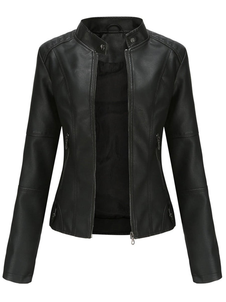 Dames Getailleerde Rits Faux-Leather Jacket Motorstijl - Zwart