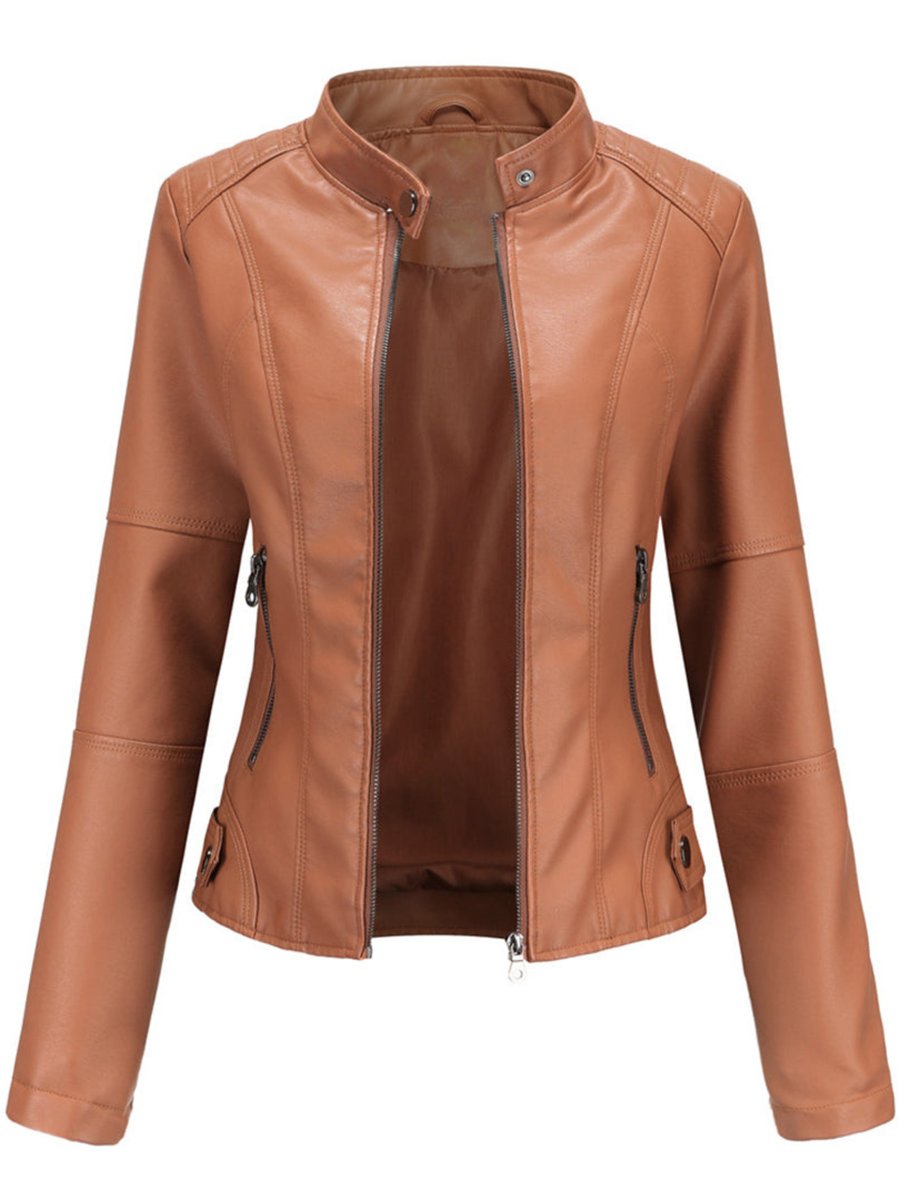 Dames Getailleerde Rits Faux-Leather Jacket Motorstijl - Bruin