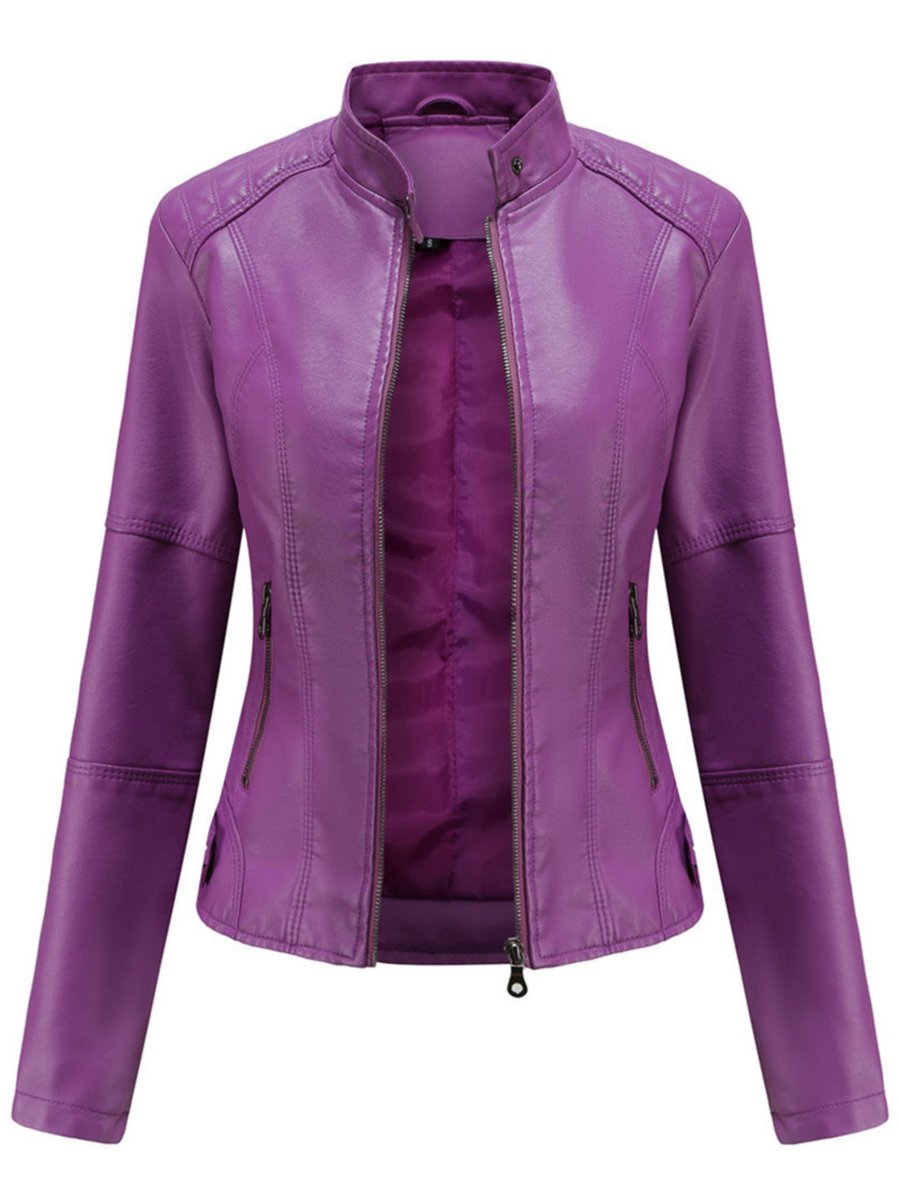 Dames Getailleerde Rits Faux-Leather Jacket Motorstijl - Lila