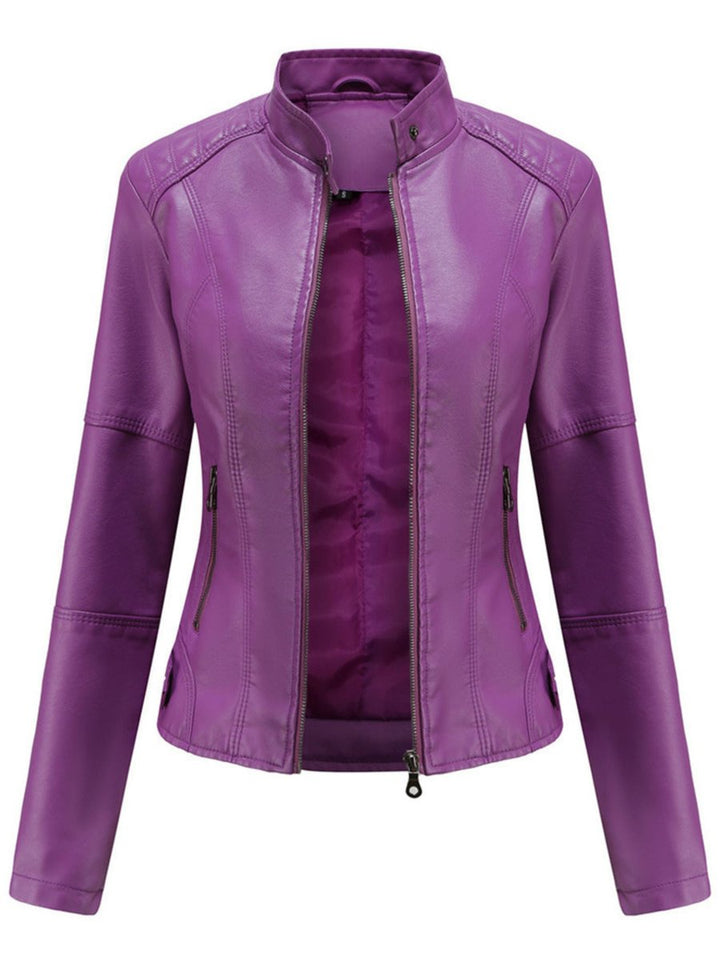 Dames Getailleerde Rits Faux-Leather Jacket Motorstijl - Lila