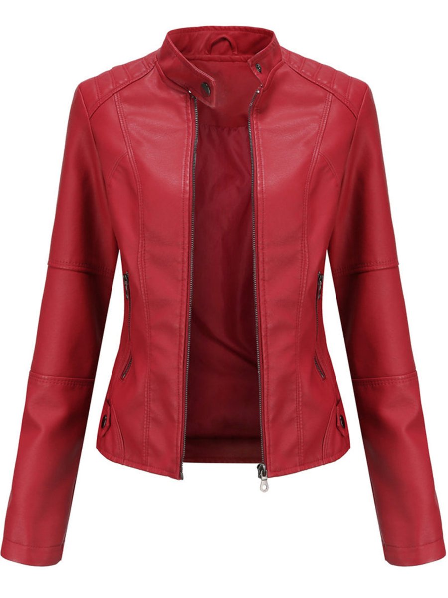 Dames Getailleerde Rits Faux-Leather Jacket Motorstijl - Rood