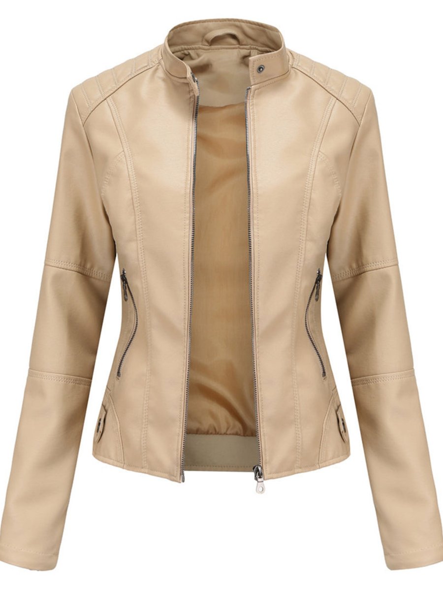 Dames Getailleerde Rits Faux-Leather Jacket Motorstijl - Beige