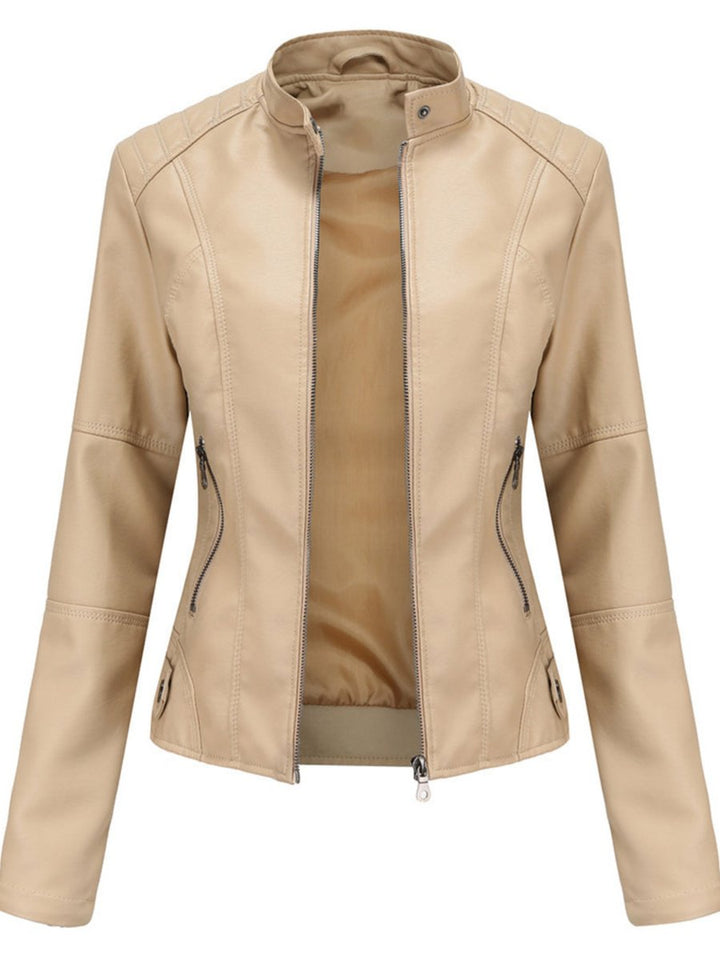 Dames Getailleerde Rits Faux-Leather Jacket Motorstijl - Beige