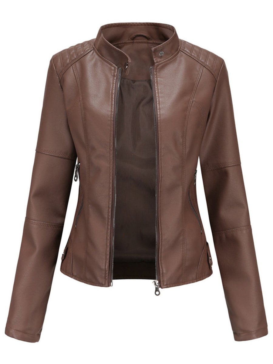 Dames Getailleerde Rits Faux-Leather Jacket Motorstijl - Donkerbruin