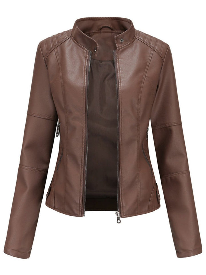 Dames Getailleerde Rits Faux-Leather Jacket Motorstijl - Donkerbruin