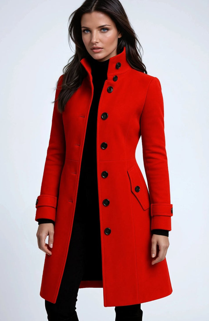 Dames Getailleerde Winterjas Hoge Kraag Knopen Mantel - Rood