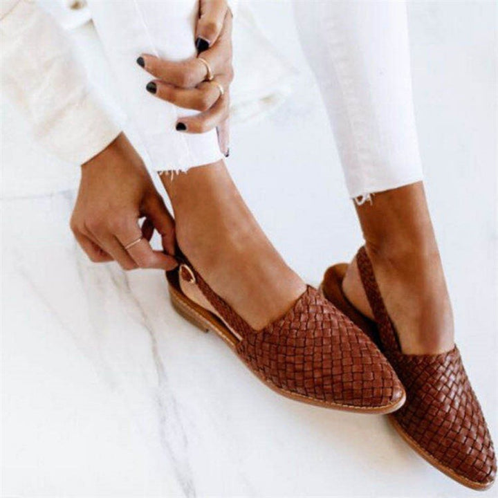 Dames Gevlochten Leren Comfortable Sandals Spitse Neus Slingback Plat - Brown