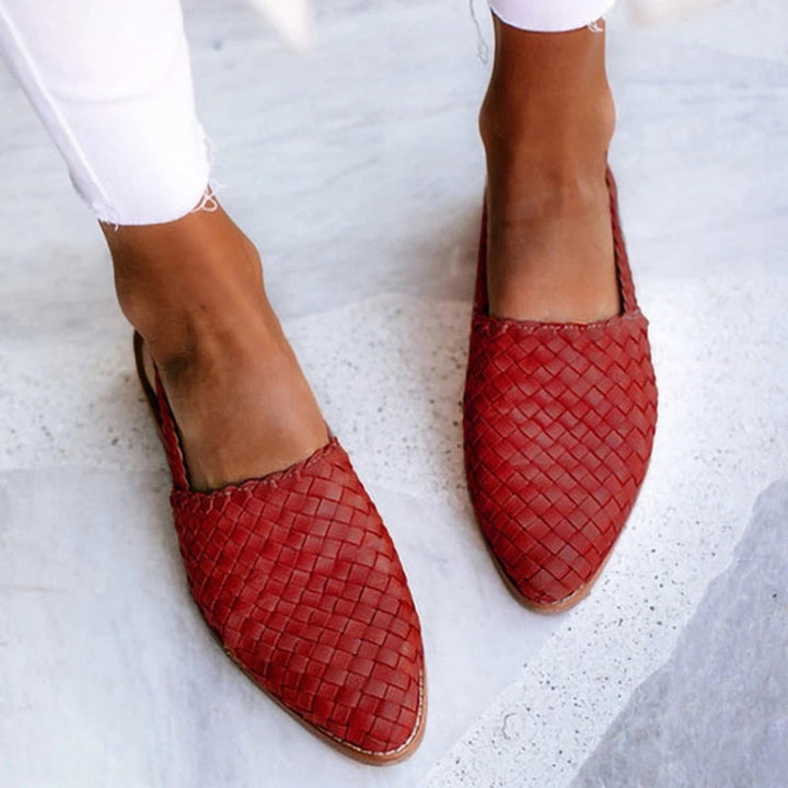 Dames Gevlochten Leren Comfortable Sandals Spitse Neus Slingback Plat - Red