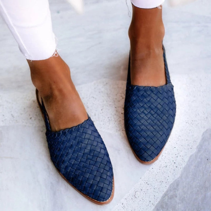 Dames Gevlochten Leren Comfortable Sandals Spitse Neus Slingback Plat - Navy