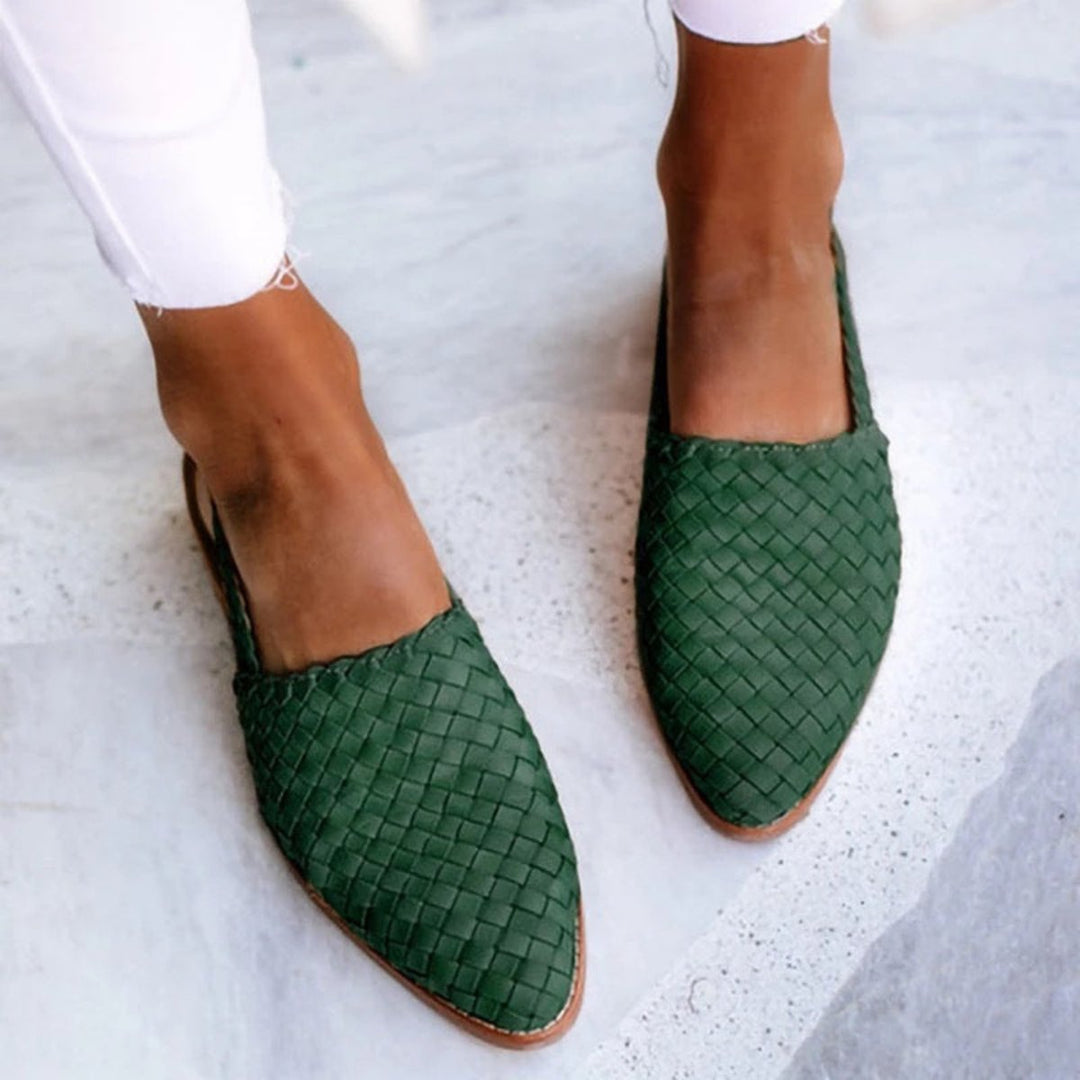 Dames Gevlochten Leren Comfortable Sandals Spitse Neus Slingback Plat - Dark Green
