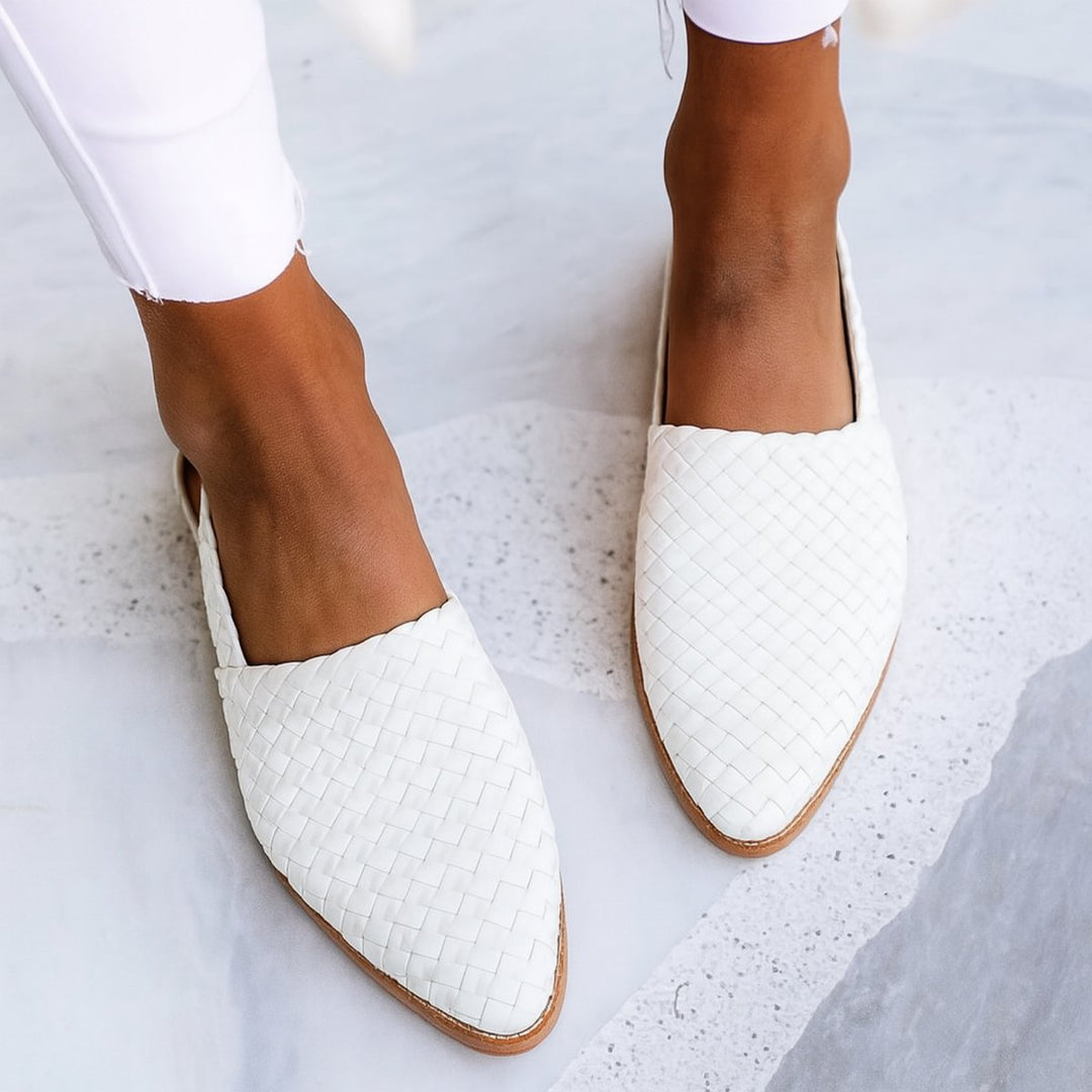 Dames Gevlochten Leren Comfortable Sandals Spitse Neus Slingback Plat - White