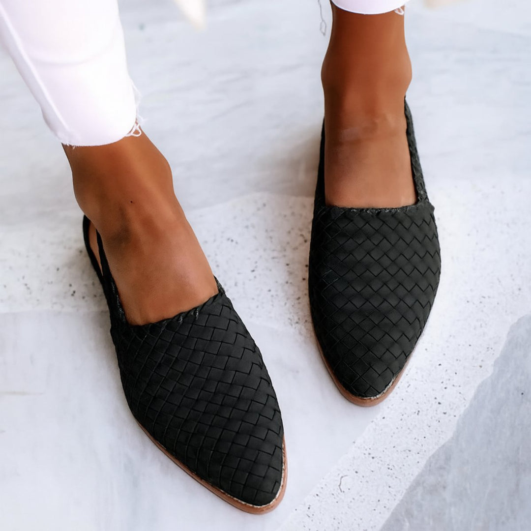 Dames Gevlochten Leren Comfortable Sandals Spitse Neus Slingback Plat - Black