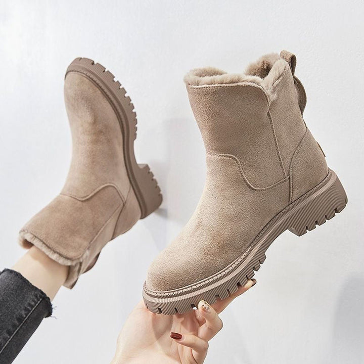 Dames Gevoerde Suède Slip-On Ankle Boots Platformzool - Beige