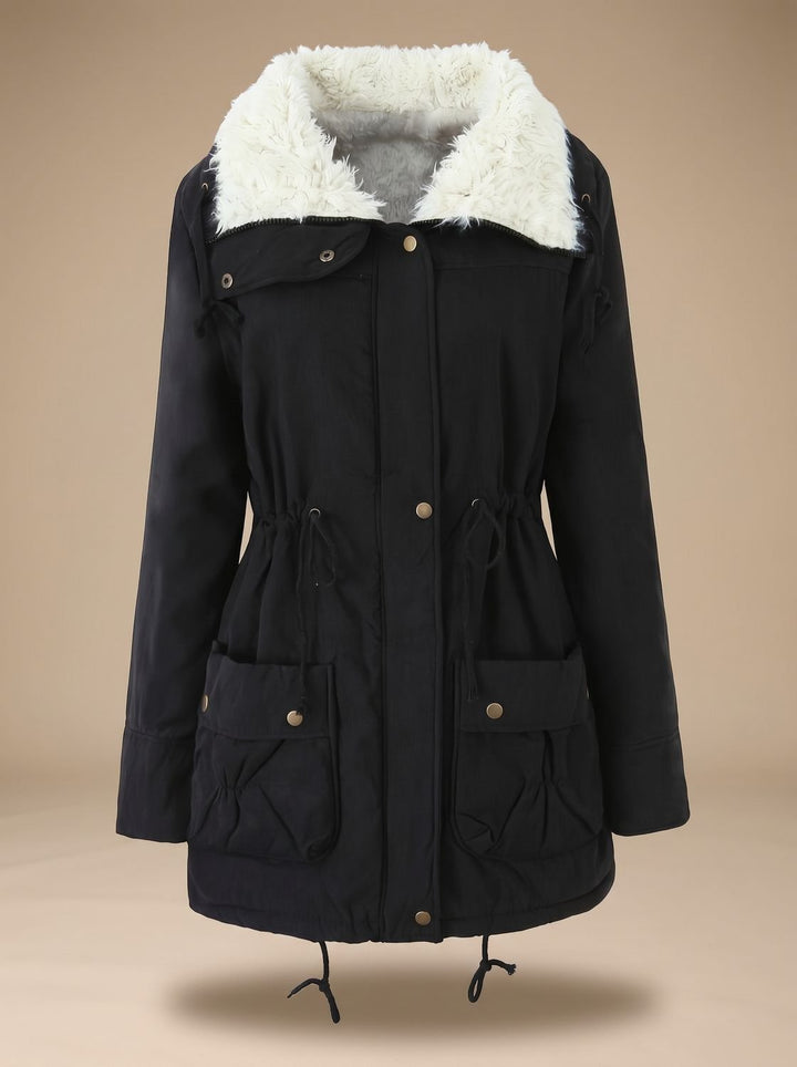 Dames Gevoerde Winter Parka met Sherpa Kraag en Taillekoordje - Zwart