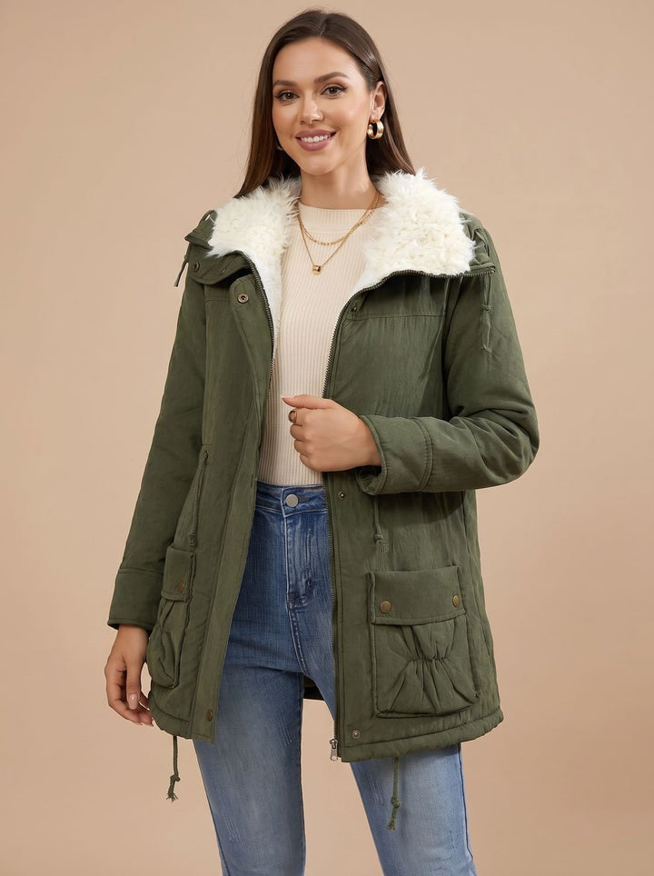 Dames Gevoerde Winter Parka met Sherpa Kraag en Taillekoordje