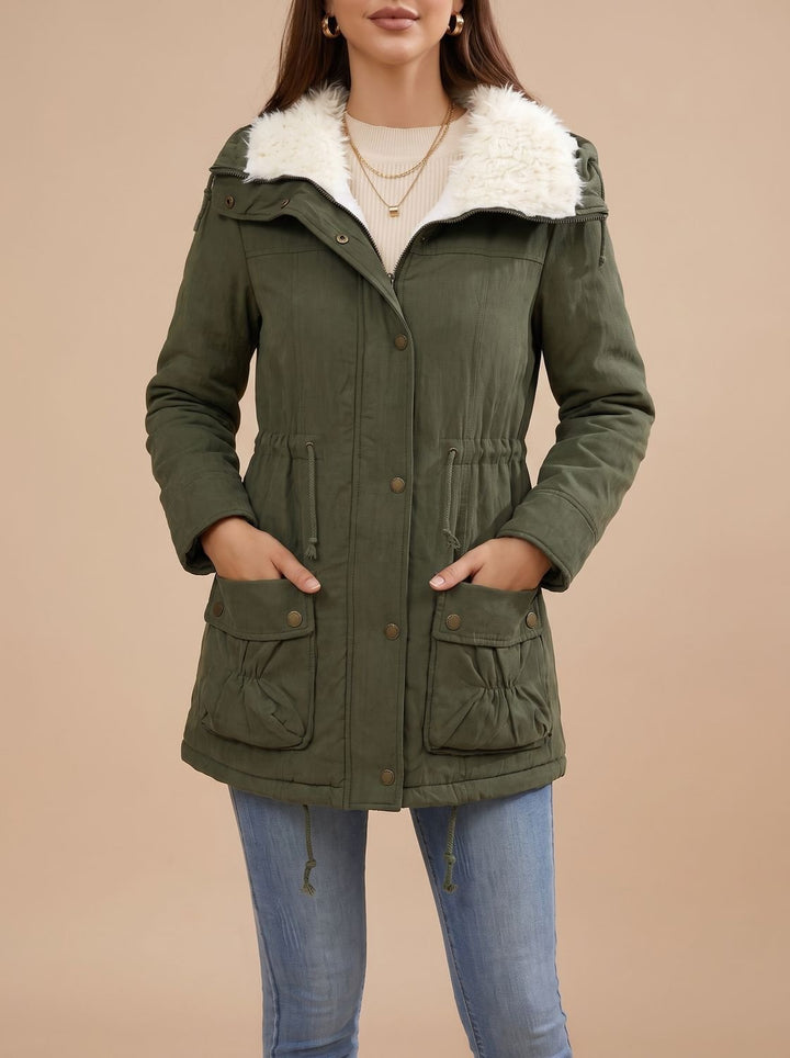 Dames Gevoerde Winter Parka met Sherpa Kraag en Taillekoordje