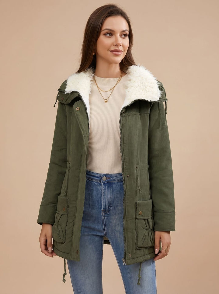Dames Gevoerde Winter Parka met Sherpa Kraag en Taillekoordje - Olijfgroen