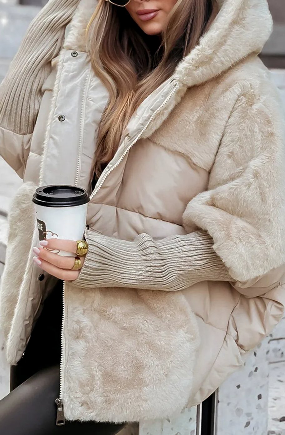 Dames Gevoerde Winterjas Korte Pasvorm Nep-Bont Capuchon Ritssluiting - Beige