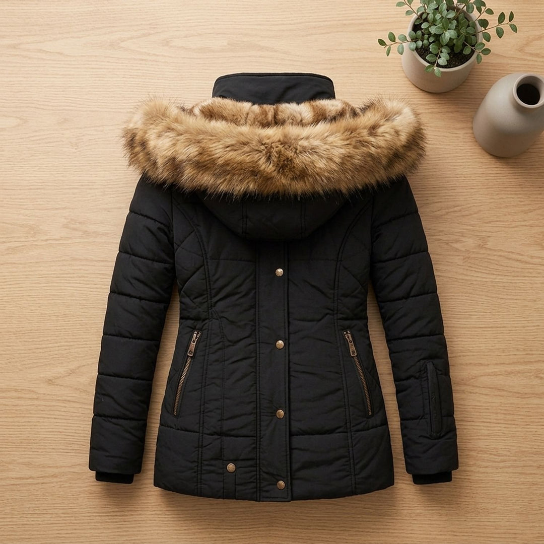 Dames Gevoerde Winterjas met Afneembare Bontkraag Hood - Zwart